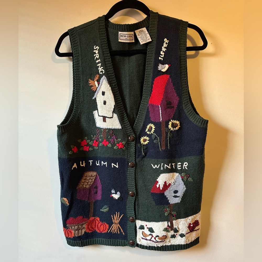 Vintage Four Seasons Ramie Cotton Birdhouse Sweater Vest Grandma Cottagecore